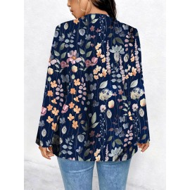 Plus Size - Plus Size Women'S Navy & Multicolor Floral Print Milk Silky Cardigan - Elegant Casual Soft Draping Coat with Fit, Machine Washable Round Neck Sweater for Fall Winter, Daily Commute, Dating & Social Events, Wrinkle-Resistant Layering Piec