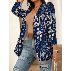Plus Size - Plus Size Women'S Navy & Multicolor Floral Print Milk Silky Cardigan - Elegant Casual Soft Draping Coat with Fit, Machine Washable Round Neck Sweater for Fall Winter, Daily Commute, Dating & Social Events, Wrinkle-Resistant Layering Piec