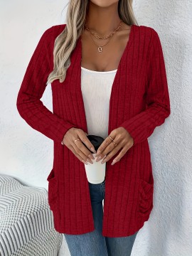 Women'S Elegant Solid Color Cardigan with Pockets - Long Sleeve, Crew Neck, Ribbed Knit Open Front Sweater for Spring & Fall, Plus Size Friendly, Sweater Front Opening | Ribbed Texture Design | Open front cardigan, Sweater Cardiga