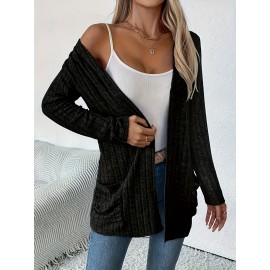 Women'S Elegant Solid Color Cardigan with Pockets - Long Sleeve, Crew Neck, Ribbed Knit Open Front Sweater for Spring & Fall, Plus Size Friendly, Sweater Front Opening | Ribbed Texture Design | Open front cardigan, Sweater Cardiga