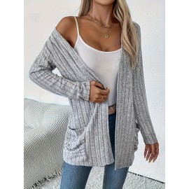 Women'S Elegant Solid Color Cardigan with Pockets - Long Sleeve, Crew Neck, Ribbed Knit Open Front Sweater for Spring & Fall, Plus Size Friendly, Sweater Front Opening | Ribbed Texture Design | Open front cardigan, Sweater Cardiga