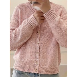 Plus Size, Women's Elegant Solid Color Round Neck Blouse - Loose Fit Long Sleeve Button-Front Jacket, Spring/Autumn Outerwear, Machine Washable Casual to Dressy Swe Coat ( Special Line)