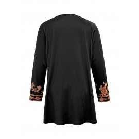 Plus Size - Women'S Plus Size Bohemian Floral Print Cardigan - Lightweight Open Front Long Sleeve Sweater Coat, Soft Machine-Washable Black & White Layering Jacket with Boat Neck, Elegant Casual Spring/Fall Outerwear for Women