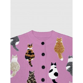 [Playful Design] Plus Size - Women's Lightweight Sweater Jacket - Pastel Pink With Black & White Animal Print, Button-Front Closure, Non-Bulky Long Sleeve Cardigan For Fall/Winter, Everyday & Formal Outfits - Position BK 052032, Fall Fashion, Playful Design, Comfortable Fit, Stylish Outerwear, Fashion Lovers, Cat Cardigan/Sweater For Women, Cardigan For Curvy Women, Curve Cat Print, Cardigans Women Good Quality, Vest Woman Large Size With Sleeve