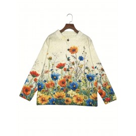 Women's Vibrant Floral Print Apricot Knit Cardigan Sweater - Button-Front Round Neck Casual Jacket, All-Season Versatile Layering Piece with Full-Body Floral Design, Hand Wash/Dry Clean, Sweater Cardigan, Spring Autumn Apparel, Elegant Knitwear, Quality Craftsmanship