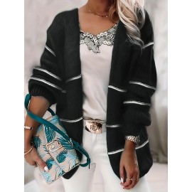 [Chic Cardigan] Plus Size Women's Chic Color-Block Striped V-Neck Cardigan | Long Sleeve, Beige & White, Casual Fall/Winter Outerwear with Lace Detail, Lace Trim