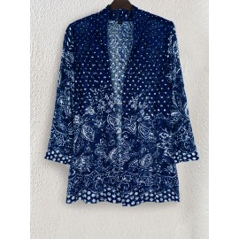 Women's Large Size Lace Color Block Anti-Sun Open Cardigan Suitable for Beach and Street Wear in All Seasons