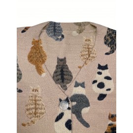 Plus Size - Plus Size Women'S Cozy Cat Print V-Neck Cardigan - Long Sleeve, Button-Up, Casual Fall/Winter Sweater with Pockets, Brown & White Cat Design, Perfect for Casual Attire, Cozy Fall Wear | Playful Print Cardigan | Construction