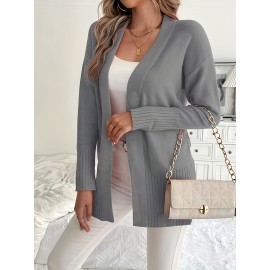 Elegant Oversized Long Sleeve Cardigan for Women - Solid Color, Medium Stretch, with Pockets, Fall/Winter Fashion, Plus Size, Pink
