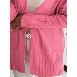 Elegant Oversized Long Sleeve Cardigan for Women - Solid Color, Medium Stretch, with Pockets, Fall/Winter Fashion, Plus Size, Pink