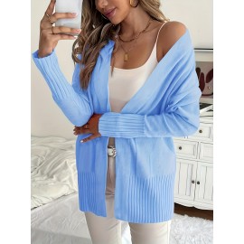 Elegant Oversized Long Sleeve Cardigan for Women - Solid Color, Medium Stretch, with Pockets, Fall/Winter Fashion, Plus Size, Pink