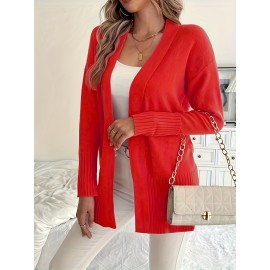 Elegant Oversized Long Sleeve Cardigan for Women - Solid Color, Medium Stretch, with Pockets, Fall/Winter Fashion, Plus Size, Pink