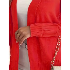 Elegant Oversized Long Sleeve Cardigan for Women - Solid Color, Medium Stretch, with Pockets, Fall/Winter Fashion, Plus Size, Pink
