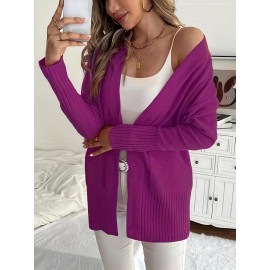 Elegant Oversized Long Sleeve Cardigan for Women - Solid Color, Medium Stretch, with Pockets, Fall/Winter Fashion, Plus Size, Pink