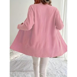 Elegant Oversized Long Sleeve Cardigan for Women - Solid Color, Medium Stretch, with Pockets, Fall/Winter Fashion, Plus Size, Pink