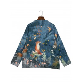 Plus Size - Large Size Women'S Button Sweater | Fashion Button Front Lapel, Plant Art Pattern, All-Season Light Casual Outing, Natural Inspiration Design, Soft Texture, V-Neck, Long Sleeve, Regular Fit