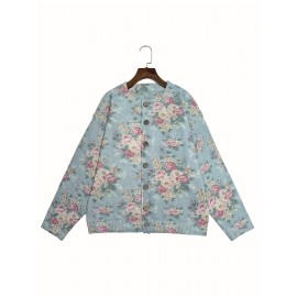 Plus Size - Women'S Plus Size 3D Floral Print Cardigan - Pink, White & Light Blue Long-Sleeve Casual Button-Up Jacket, Soft Lightweight Round Neck Layered Top for Spring & Fall, Autumn Outerwear, Spring Outerwear Single Layer Jacket, Lightweight Cardigan, Spring Fall Wear, Round Neck Design, Soft Texture