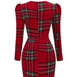 Women'S Elegant Christmas Plaid Bodycon Dress - Long Sleeve Puff Shoulder Red Tartan Checkered Pattern with Zipper Back, Boat Neck Winter Party Dress, Structured Fitted Silhouette for Xmas, New Year'S Eve & Holiday Events - Red/Green Tartan Checkere
