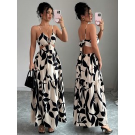 Women'S Floral Print Office to Party Dress - Elegant Sleeveless Midi Dress with Thin Strap, Flared Hem, for Work, Formal Events, Everyday Outfits - Spring/Fall/Summer Women'S Clothing, Casual Wear, Fitted Waist, Lightweight Fabric, Working Women