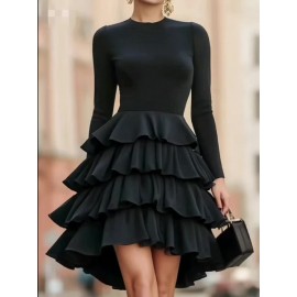 Women'S Elegant Solid Black A-Line Layered Hem Tunic Dress with Puffed Sleeve-like Effect - Structured Fitted Top & Flowing Skirt, Floor-Length or Above-Knee Length, Machine Washable Formal Party Wedding Gala Dress for Spring/Fall, Round Neck Long Sleeve Elegant Party Dress for Women, Wedding Dresses for Women, Formal Dress, Elegant Classy Dresses for Women, Wedding Dress, Dresses for Women Elegant Classy, Highquality Fabric, Smooth Texture Dress, Long Sleeve Dresse For Women, Women