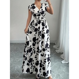 Elegant Pink Floral Maxi Dress with V-Neck and Short Sleeves - Flowing A-Line Silhouette, Cinched Waist, Perfect for Spring/Fall, Casual to Formal Wear, Casual Elegant Wear | Floral Print Dress | Cinched Waist Design
