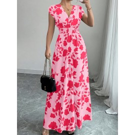 Elegant Pink Floral Maxi Dress with V-Neck and Short Sleeves - Flowing A-Line Silhouette, Cinched Waist, Perfect for Spring/Fall, Casual to Formal Wear, Casual Elegant Wear | Floral Print Dress | Cinched Waist Design