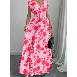 Elegant Pink Floral Maxi Dress with V-Neck and Short Sleeves - Flowing A-Line Silhouette, Cinched Waist, Perfect for Spring/Fall, Casual to Formal Wear, Casual Elegant Wear | Floral Print Dress | Cinched Waist Design