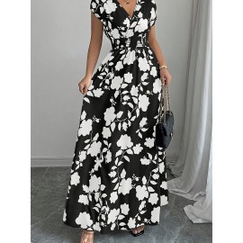 Elegant Pink Floral Maxi Dress with V-Neck and Short Sleeves - Flowing A-Line Silhouette, Cinched Waist, Perfect for Spring/Fall, Casual to Formal Wear, Casual Elegant Wear | Floral Print Dress | Cinched Waist Design