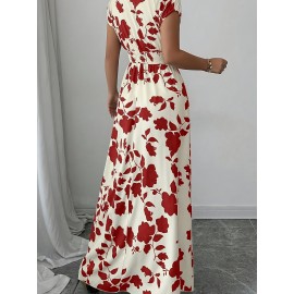 Elegant Pink Floral Maxi Dress with V-Neck and Short Sleeves - Flowing A-Line Silhouette, Cinched Waist, Perfect for Spring/Fall, Casual to Formal Wear, Casual Elegant Wear | Floral Print Dress | Cinched Waist Design