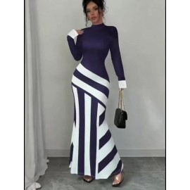 Women's Elegant High Neck Striped Bodycon Fish Tail Dress - Machine Washable Medium Stretch Midi Dress for Spring/Fall, Office & Casual Wear