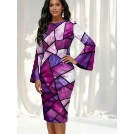 Bohemian 3D Floral & Geometric Print Pencil Skirt - A-Line Midi Length Long Sleeve-like Fit (No Waistband) Round Neck Short Dress Skirt for to Party Outfits, Psychedelic 60s/70s Style (Hand Wash/Dry Clean)