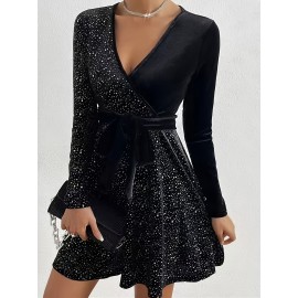 Women'S Elegant Sparkling Sequin V-Neck Long Sleeve Mini Dress - Luxurious Party & Formal Evening Gown with Waist Tie Belt, Shiny Red/Black/Black Sequin Dress for Autumn/Winter, Spring/Summer/Fall Events, Prom, Gala, Everyday Outfits - Comfortable &