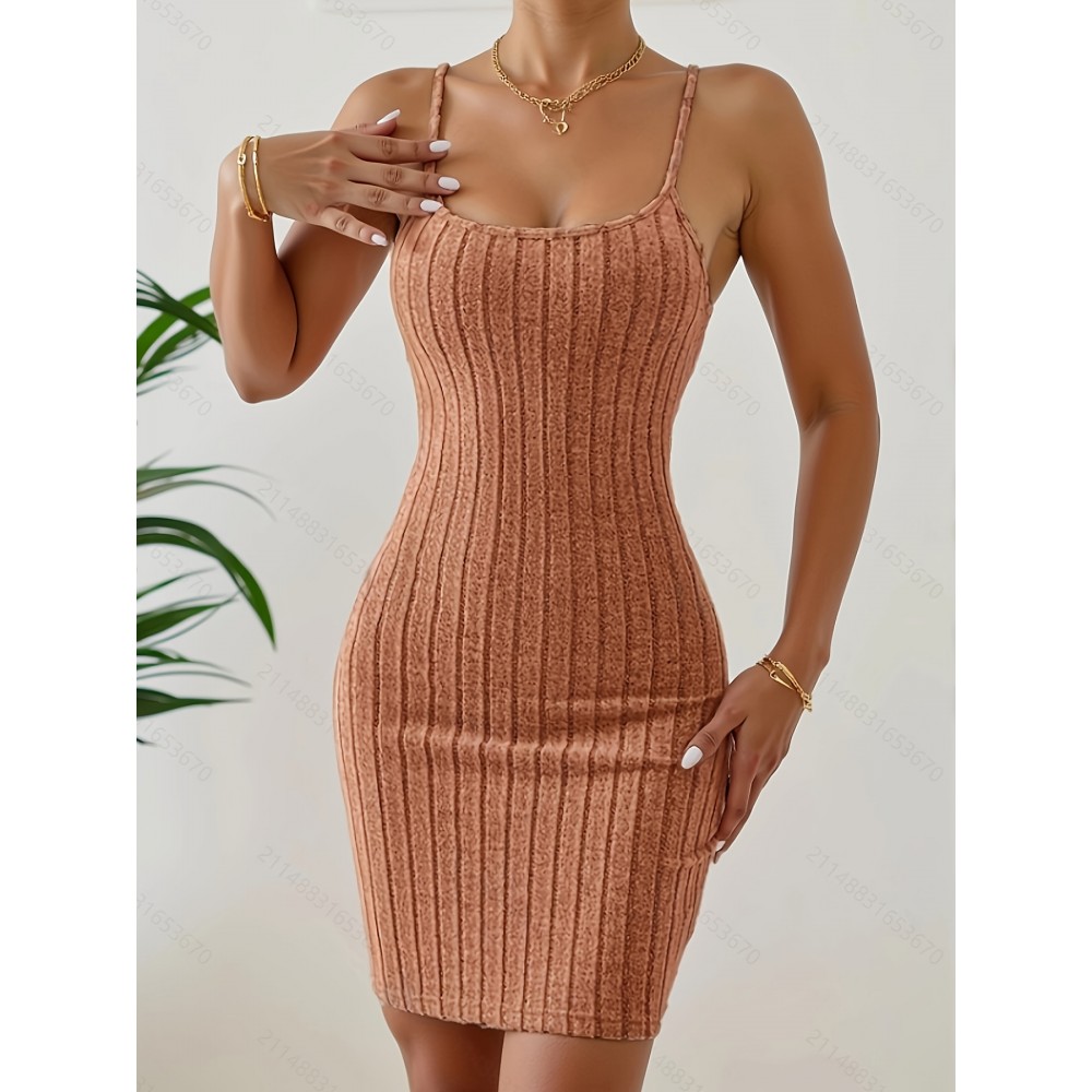 [Summer Cami Dress] Sleeveless Brown Ribbed Backless Cami Dress for Women | Stretchy, Machine Washable, Casual Summer Wear, Bodycon Mini Dress