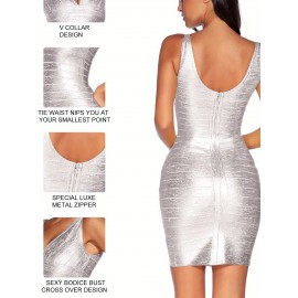 [Sexy Cocktail Dress] Sexy V-neck Bandage Bodycon Cocktail Dress for Wedding Guest Strap Foil Formal Gowns Evening Dress
