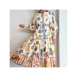 Women'S Retro Patchwork Print Maxi Dress | Belted Long Sleeve Gown for Artistic & Bohemian Chic Style, Geometric-Pattern, Fall/Winter Season, Off the Shoulder Collar, Regular Fit, Flared Hem