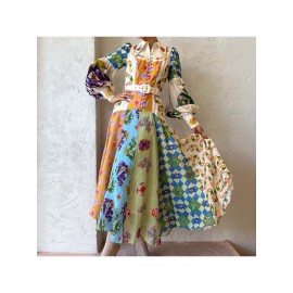 Women'S Retro Patchwork Print Maxi Dress | Belted Long Sleeve Gown for Artistic & Bohemian Chic Style, Geometric-Pattern, Fall/Winter Season, Off the Shoulder Collar, Regular Fit, Flared Hem