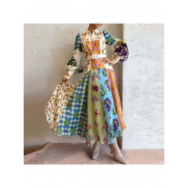 Women'S Retro Patchwork Print Maxi Dress | Belted Long Sleeve Gown for Artistic & Bohemian Chic Style, Geometric-Pattern, Fall/Winter Season, Off the Shoulder Collar, Regular Fit, Flared Hem