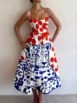 Floral Print A-Line Dress with Spaghetti Strap Neckline - Short to -Length Dress in Vibrant Botanical Patterns, Machine Washable Dress for Weddings, Parties & Beach Events - New Large Size Available for all-Season Casual