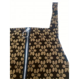 Women's Elegant Golden & Olive Green Floral Print Winter Dress - Thick Strap Sleeveless A-Line with Full-Length Zipper, Round Neck Short Hem, Machine Washable Party Wedding Guest Dress (Golden/Tan)