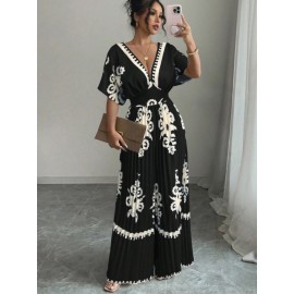 Women's Elegant V-Neck Short Sleeve Jumpsuit with Cinched Waist & Pleated Pants - Loose Fit Wedding Guest Outfit, Summer Party Suit, Machine Washable All-Season Attire