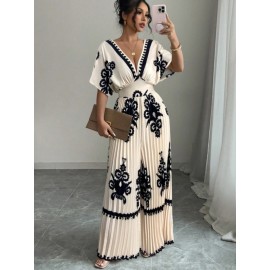 Women's Elegant V-Neck Short Sleeve Jumpsuit with Cinched Waist & Pleated Pants - Loose Fit Wedding Guest Outfit, Summer Party Suit, Machine Washable All-Season Attire
