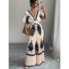 Women's Elegant V-Neck Short Sleeve Jumpsuit with Cinched Waist & Pleated Pants - Loose Fit Wedding Guest Outfit, Summer Party Suit, Machine Washable All-Season Attire