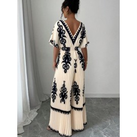 Women's Elegant V-Neck Short Sleeve Jumpsuit with Cinched Waist & Pleated Pants - Loose Fit Wedding Guest Outfit, Summer Party Suit, Machine Washable All-Season Attire