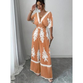 Women's Elegant V-Neck Short Sleeve Jumpsuit with Cinched Waist & Pleated Pants - Loose Fit Wedding Guest Outfit, Summer Party Suit, Machine Washable All-Season Attire