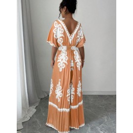 Women's Elegant V-Neck Short Sleeve Jumpsuit with Cinched Waist & Pleated Pants - Loose Fit Wedding Guest Outfit, Summer Party Suit, Machine Washable All-Season Attire