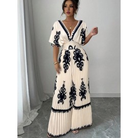 Women's Elegant V-Neck Short Sleeve Jumpsuit with Cinched Waist & Pleated Pants - Loose Fit Wedding Guest Outfit, Summer Party Suit, Machine Washable All-Season Attire