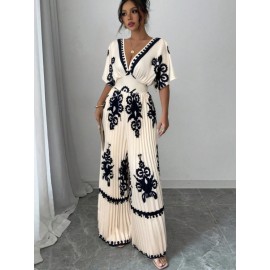 Women's Elegant V-Neck Short Sleeve Jumpsuit with Cinched Waist & Pleated Pants - Loose Fit Wedding Guest Outfit, Summer Party Suit, Machine Washable All-Season Attire