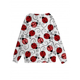 Plus Size Women's Red 3D Ladybug Zip-Up Hooded Jacket - Full-Body Print Retro H-Line Loose Fit Sweatshirt with Front Zipper & Umbrella Hem, Cozy Fall/Winter Outerwear (Machine Washable)