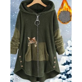 Women's Plus-Size Plush Zip-Up Hooded Jacket with Cat Print & Button Closure - Oversized Winter Warm Coat, Sleeveless Sporty Outerwear for Running, Gym, Casual Outfits - Machine Washable (Brown/Beige/Pink) - Fleece Lining, Pockets, Color Block Design, Relaxed Fit, Suitable for Exercise & Casual Attire, Large Size Casual Sportswear with Plush Material