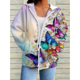 Plus Size Women'S 3D Butterfly & Floral Print Zip-Up Hoodie Jacket - Oversized Loose Fit Retro V-Neck Sweatshirt with Pockets, Long Sleeve Full-Zip Front, Multicolor All-Over Print (PinkPurple/Yellow/Green/Orange) for Fall Winter Warmth